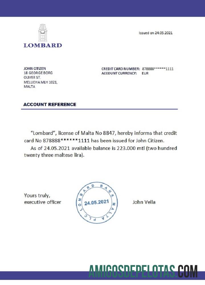 Referência do Banco Lombard de Malta exemplo real